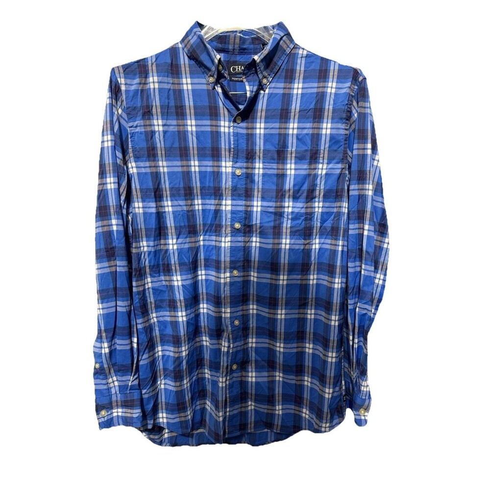 Chaps Performance Plaid Men’s Medium Button Up Shirt Blue Black White